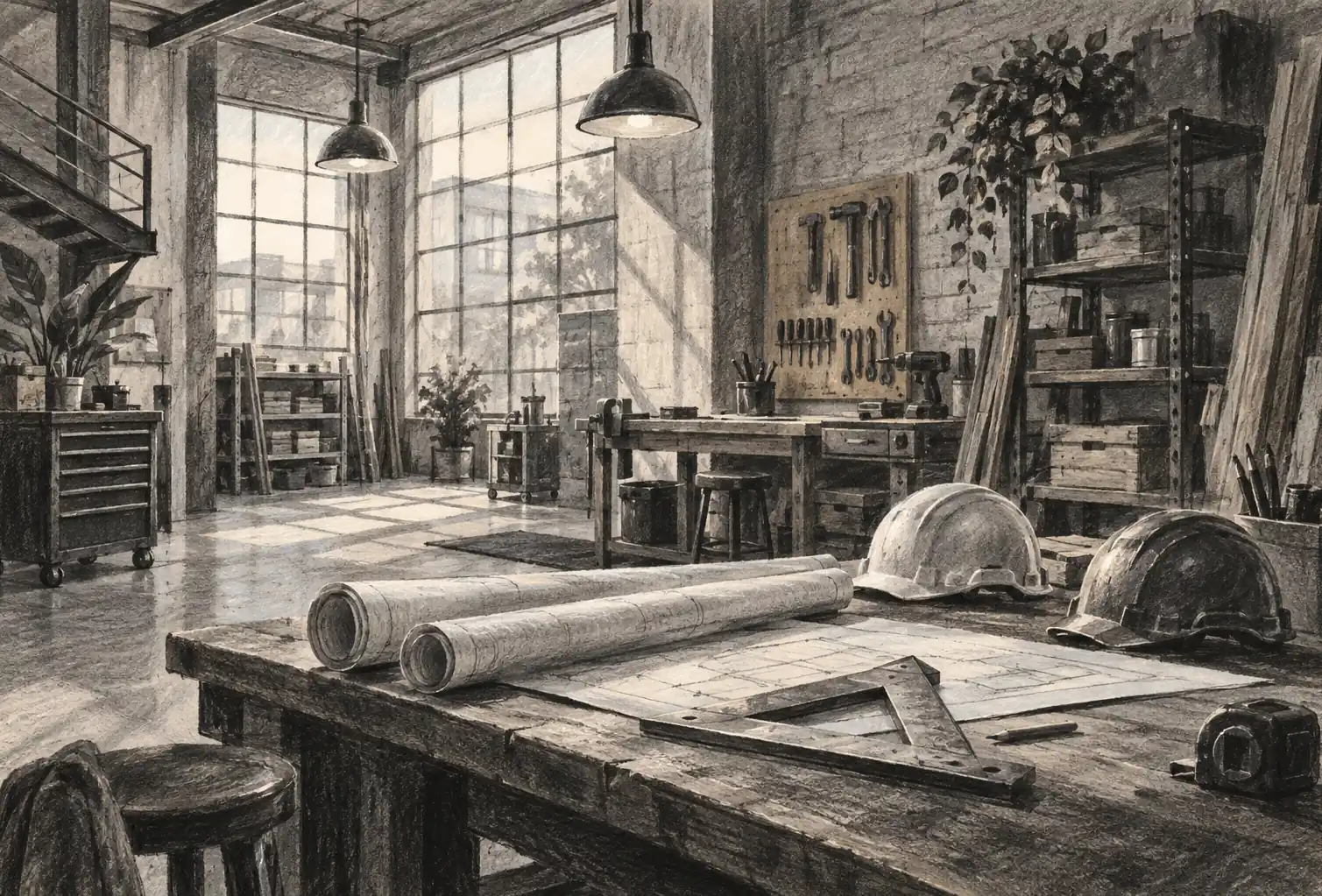 Illustration of construction businesses and their working space